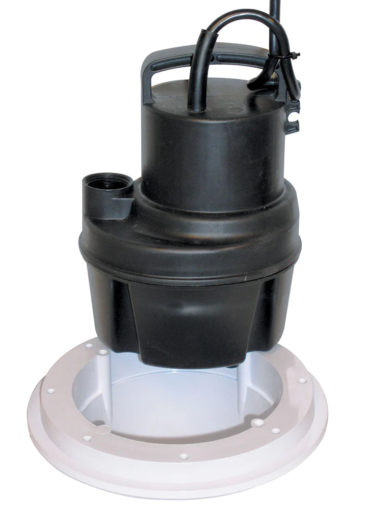 The TAS Danner Utility Pool Pump, known for its maximum flow rate, is a black submersible pump that sits atop a white pedestal. Perfect for de-watering applications.