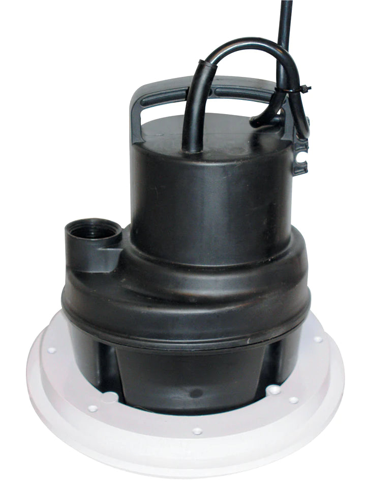 A black submersible pump, the TAS Danner Utility Pool Pump, placed on top of a white base. This pump is designed for de-watering applications and offers a high maximum flow rate.