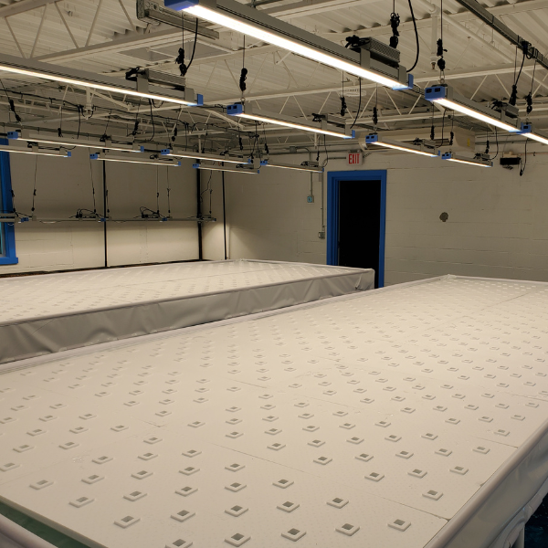 A room with several tables illuminated by TAS's Thrive Agritech 300W Apex Light Bar, perfect for an indoor grow setting.