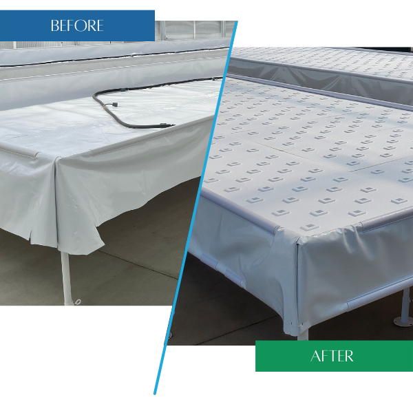 A before and after comparison of a bed with a sagging mattress on the left and a firm, supportive mattress covered with Snap Clamps for Duraskrim Liner from Aquaponics For Life on the right.