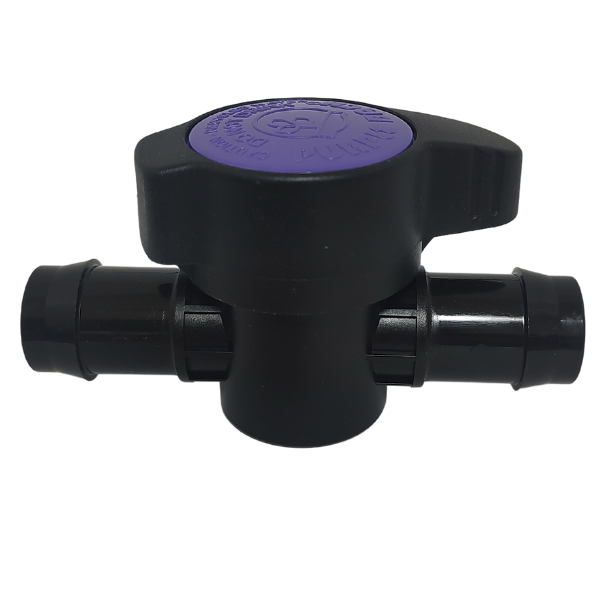 A TAS Ball Valves-Barb x Barb with a purple top.