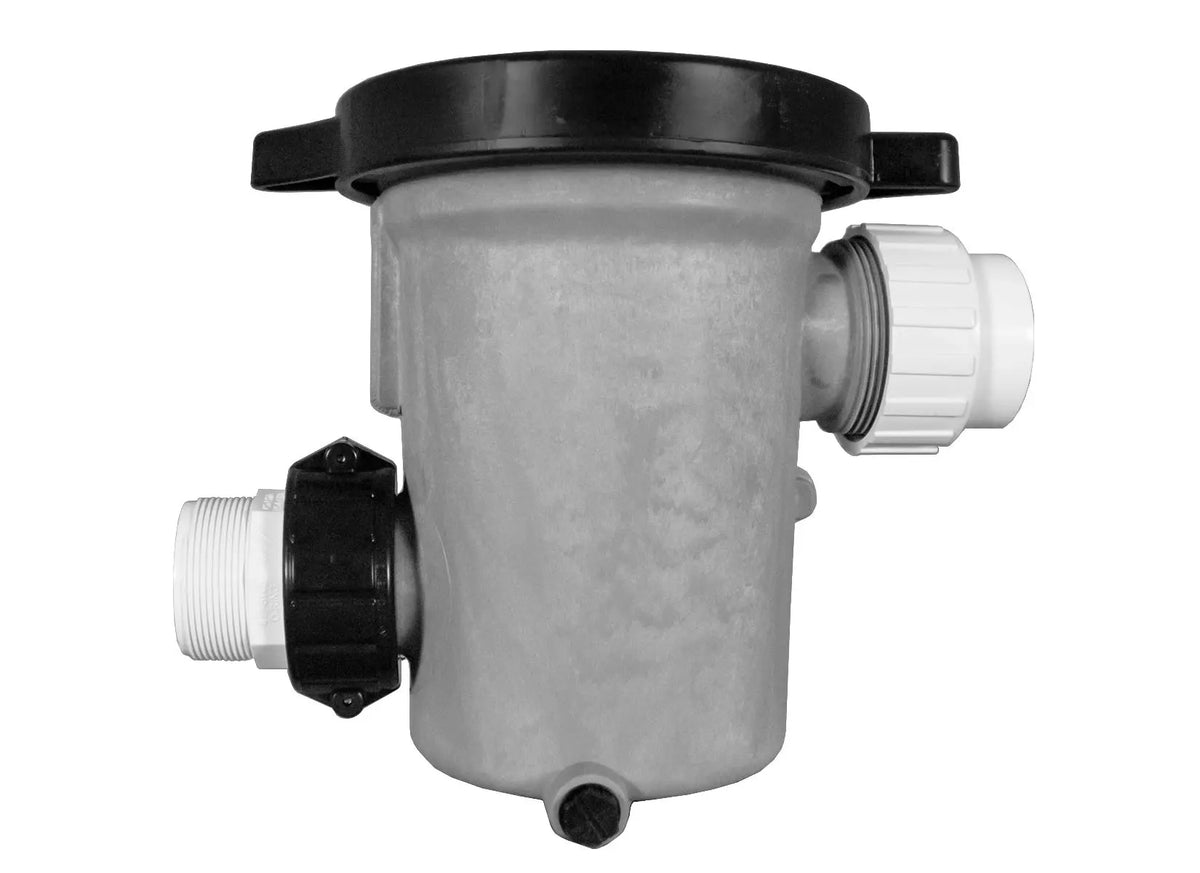 A gray plastic Sequence® Basket Strainer (WW) with a black handle from TAS.
