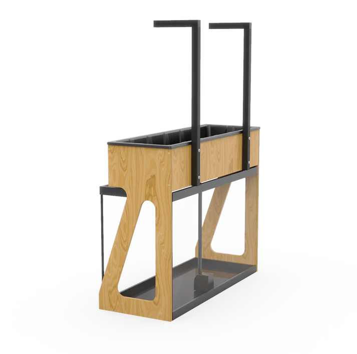A wooden AquaSprouts Garden-29 Gallons plant stand with a black frame that complements your GGAAZN aquaponic garden.
