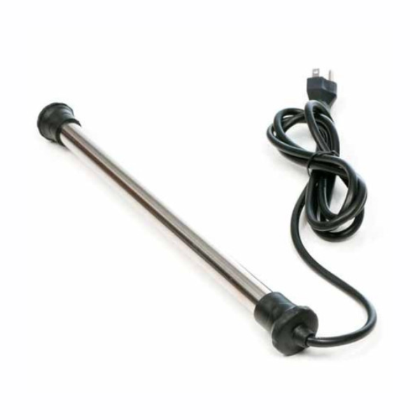 The TAS Aquatop Titanium Heater 800 Watt is a cylindrical submersible aquarium heater with black end caps, efficient for heating and includes an attached power cord and plug.