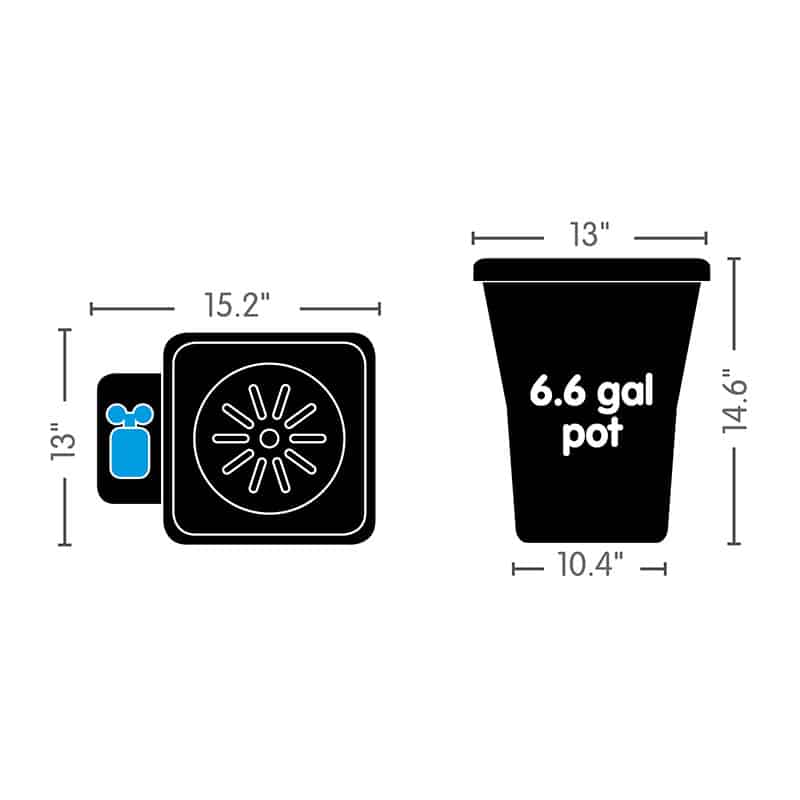 The TAS AutoPot Bucket 1XL Module, 6.6 Gallon is a black pot with a lid and a measuring cup, perfect for growing root and vining crops.