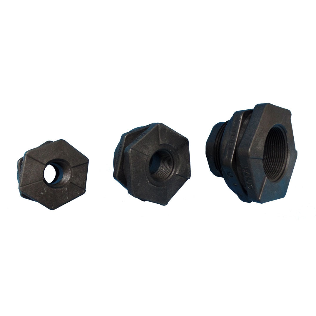 Three TAS Banjo Bulkhead Fittings on a white background, showcasing threaded connections.