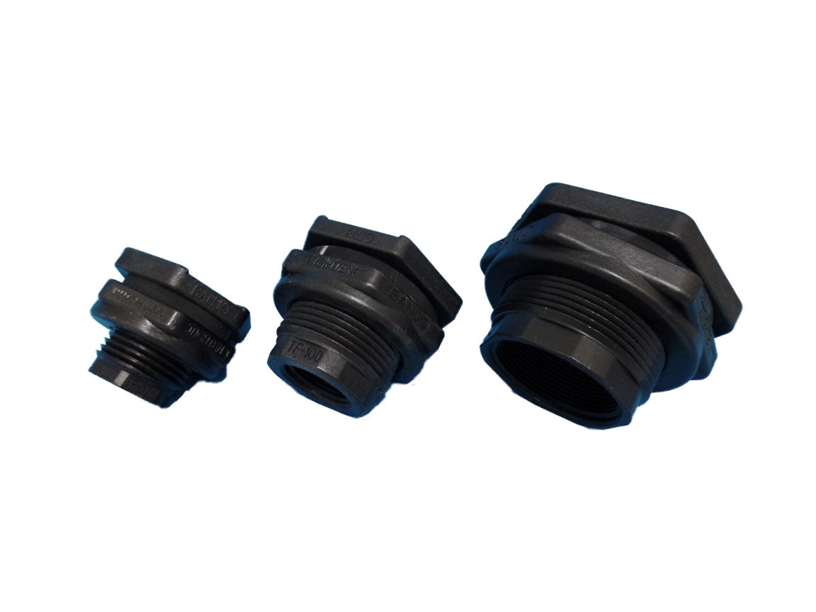 Three black plastic TAS Banjo Bulkhead fittings on a white background.