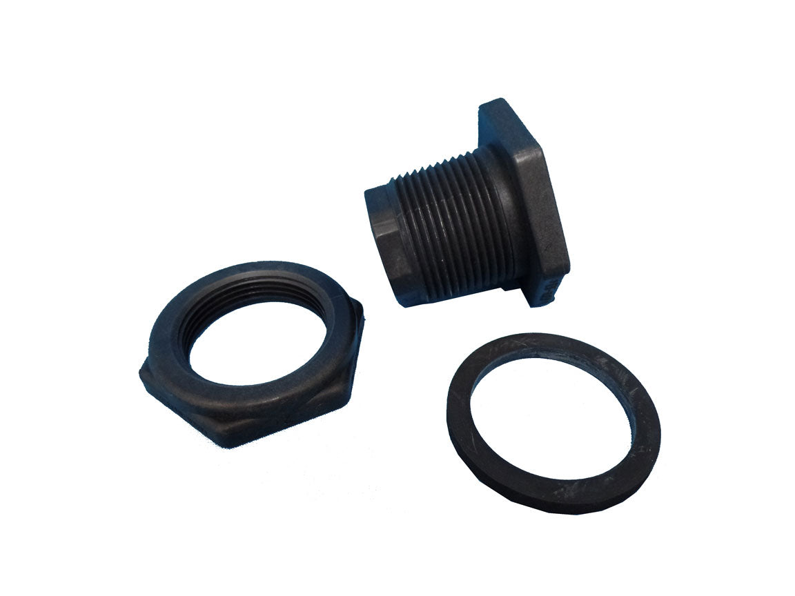 A pair of black Banjo Bulkhead Fittings with threaded connections. (Brand: TAS)