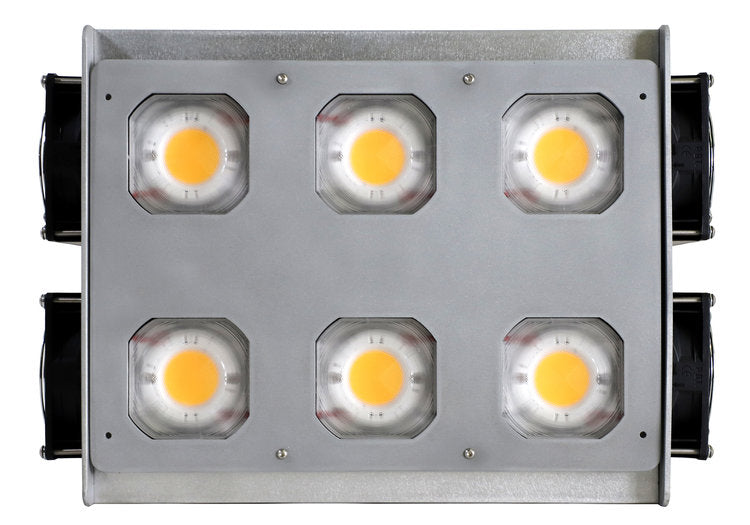 A square TAS ARC 600 LED Performance Lighting Package equipped with four yellow bulbs, perfect for optimizing plant growth.