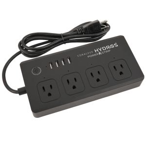 The TAS HYDROS Wifi Power Strip (4-outlet) is a black power strip featuring four usb ports.