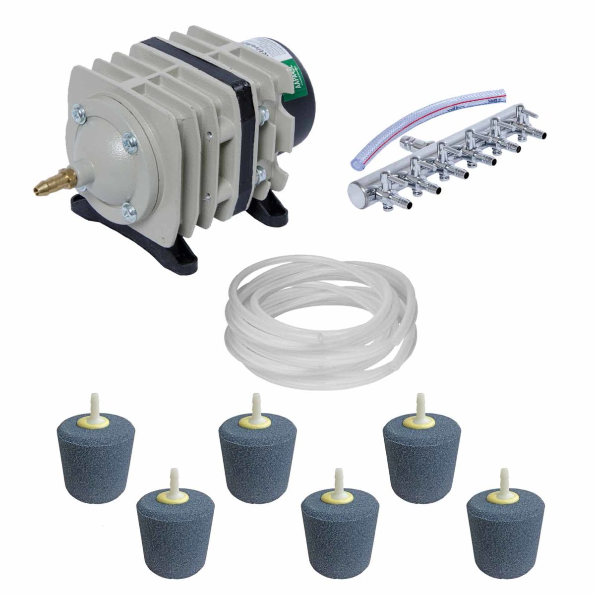 An AquaAeration Kit with 6 Outlet TAS pump and hoses, ideal for fish tanks.