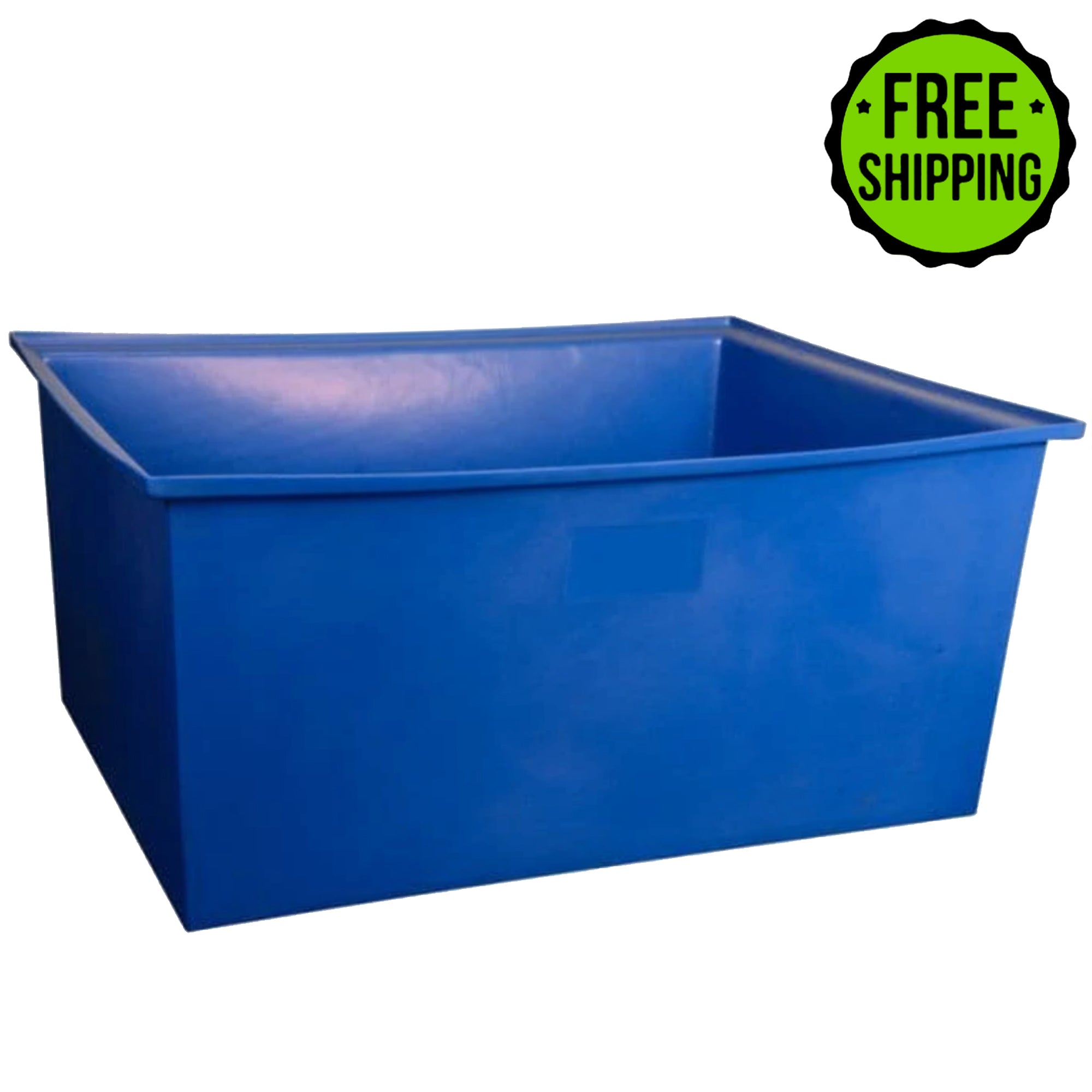 A blue plastic container, also known as a Pentair Rectangular Tank 150 Gallons, with the words "free shipping".