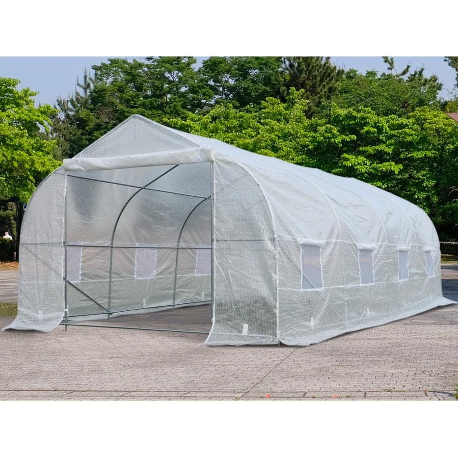 An Aosom greenhouse designed specifically for cultivating plants and crops, featuring a convenient side door - the Outsunny 20' x 10' x 7' Deluxe High Tunnel Walk-in Garden Greenhouse Kit in White.