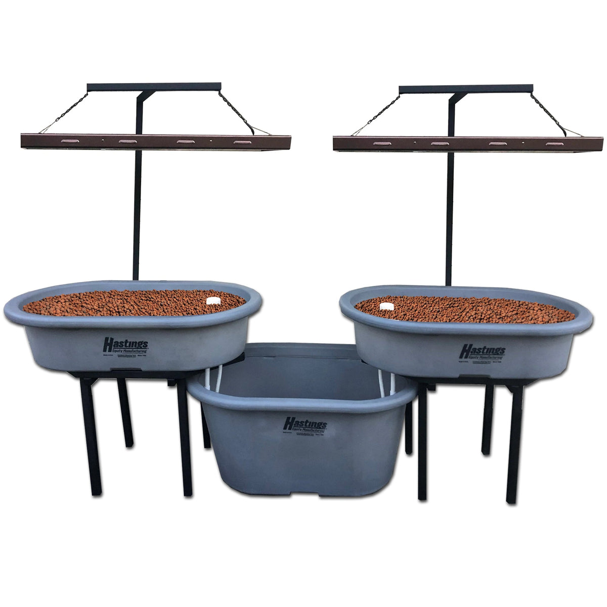 A set of three Go Green Double Aquaponics Systems on a stand, suitable for use as a grow bed system.