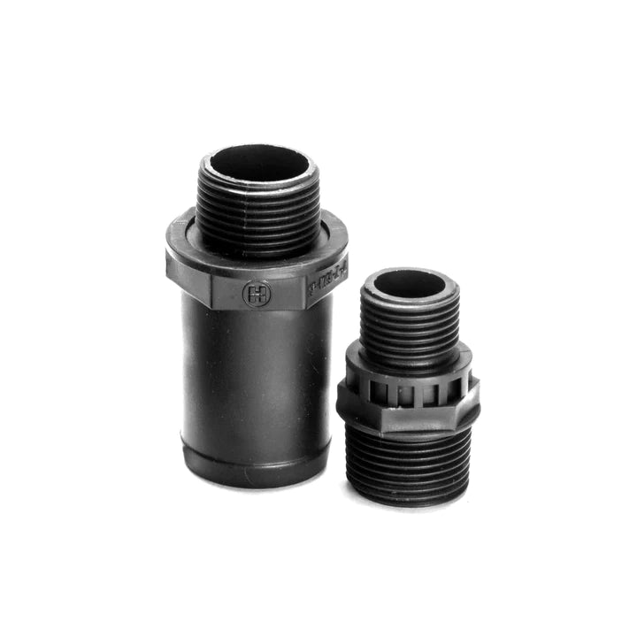 Two black plastic connectors, ideal for de-watering applications, on a white background.