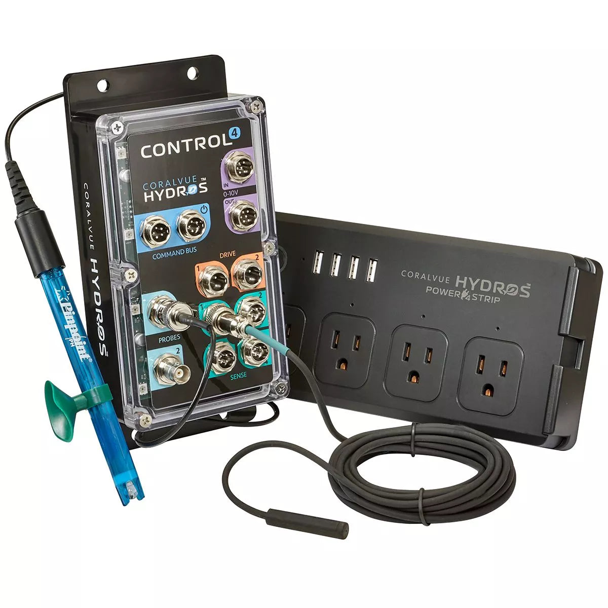 The HYDROS Control X4 Starter Pack, by TAS, is a control box equipped with a power supply, sensor ports, and flow sensors. A wire connects the control box to various components for seamless integration and monitoring of your.