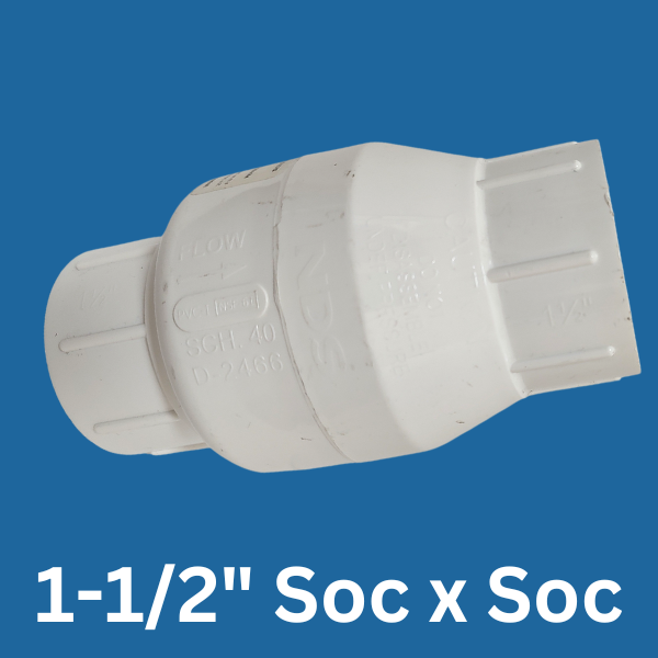 A white plastic Swing Check Valves fitting with the words 1 - 12 x soc x soc, designed for water pressure applications and preventing backflow.