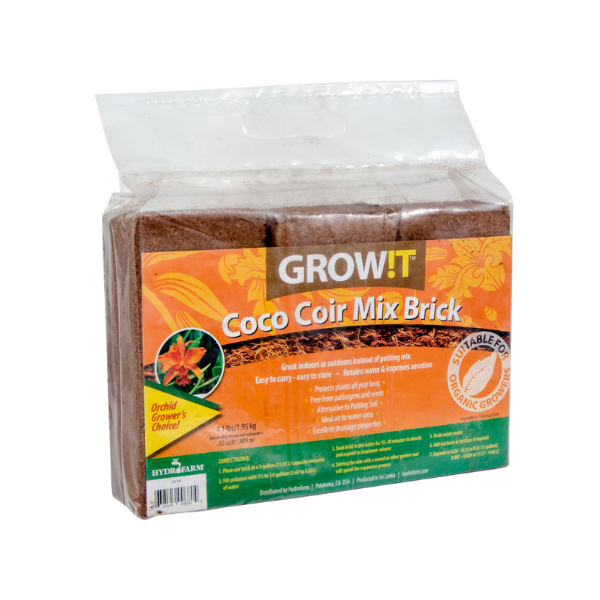 The GROW!T Coco Coir Mix Brick packaging displays bright orange and green labels, emphasizing its compatibility with organic cultivation. It&#39;s an excellent choice for microgreens and makes a perfect complement to your TAS Growasis Microgreen Kit.