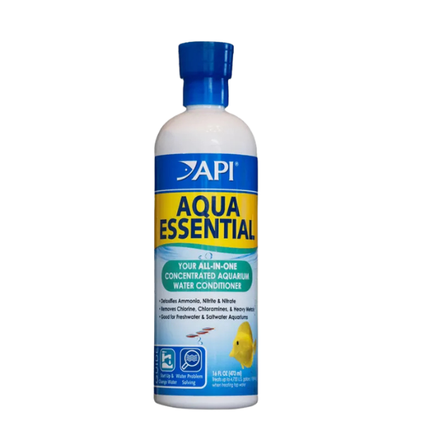 A bottle of TAS Aqua Essential Water Conditioner, labeled as an all-in-one concentrated aquarium water conditioner, with a blue cap and a yellow fish image on the front. This essential water conditioner is perfect for any fish tank as it quickly removes chlorine and other harmful chemicals to keep your aquatic environment safe and healthy.