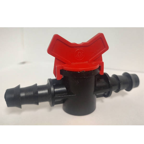 A black plastic Ball Valves-Barb x Barb with a red handle from TAS.