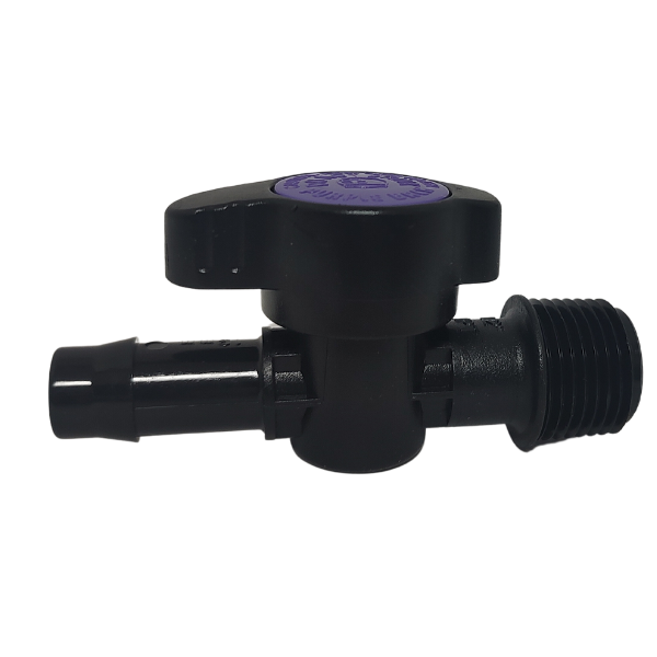 A black plastic valve with a purple handle, suitable for use with TAS plastic ball valves- Barb x MPT.
