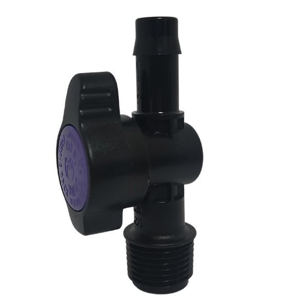 A black plastic TAS valve with a purple handle. Perfect for plumbing installations requiring TAS plastic ball valves or banjo bulkhead fittings. Can be used with vinyl tubing.