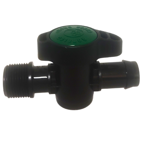 A black and green TAS water valve with a green handle, made of plastic ball valves (Ball Valves- Barb x MPT).