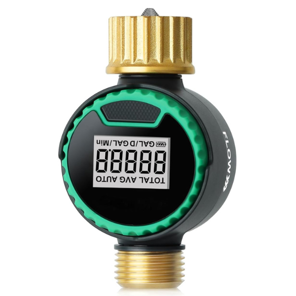 The TAS Water Flow Meter, featuring a golden threaded top and green accents, displays &quot;00000&quot; on its screen to efficiently track your water consumption, ensuring optimal filter cartridge performance.