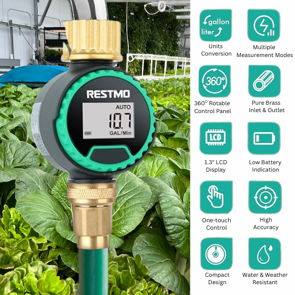 The TAS Water Flow Meter, attached to a hose, reads 10.7 gallons per minute. It features unit conversion, an LCD display, and water resistance icons on the right, making it ideal for efficient water consumption tracking.