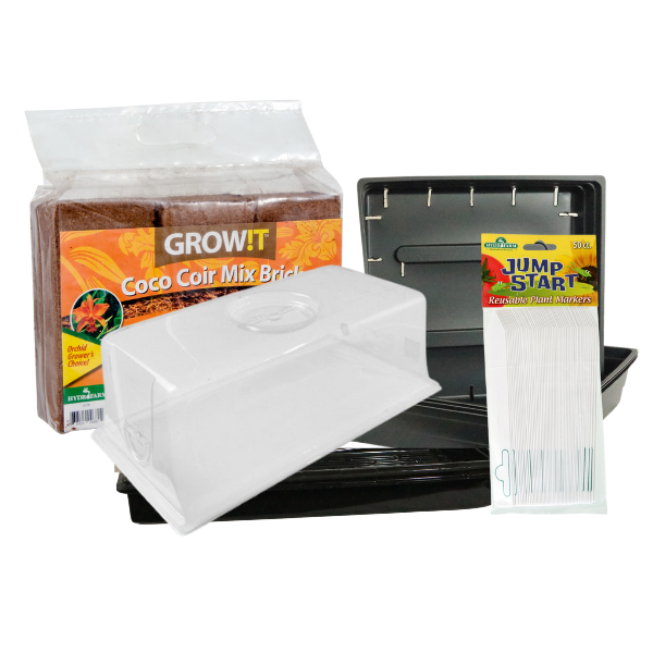 The TAS Growasis Microgreen Kit provides everything you need for growing vibrant microgreens at home, including a coco coir mix brick, black planting tray, clear cover, and a set of plant markers.