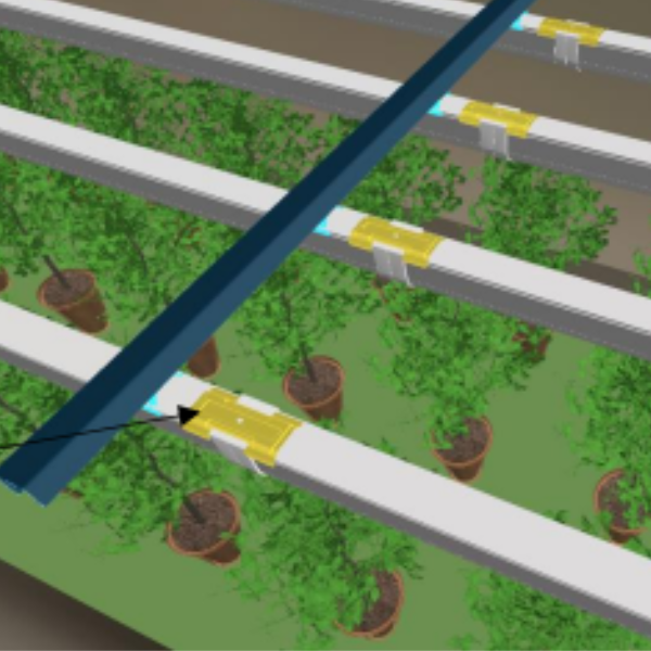 A digital illustration shows rows of potted plants beneath parallel rails and sliding mechanisms, highlighting TAS Boost and Infinity Interconnection Clip (1pc) in yellow and blue.