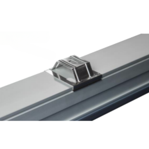 A close-up of TAS Boost & Infinity Slide & Lock Stainless Steel Clips (set of 12) attached to a rectangular metallic rail, highlighting secure installation.