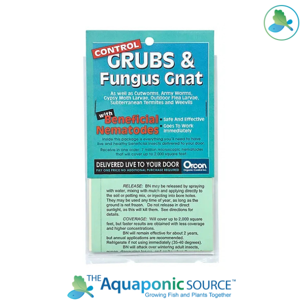 Packaging for &quot;Grubs &amp; Fungus Gnats Mail Back&quot; by TAS offers safe, effective pest control with beneficial nematodes. Includes usage, benefits, and delivery information to protect against garden insects. Aquaponic Source logo at the bottom.