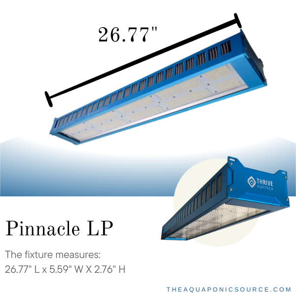 The Go Green Aquaponics Pinnacle LED Lighting Package features two 300W Thrive Pinnacle LP LED fixtures, with cables, hardware, and timer. Fixtures measure 26.77"L x 5.59"W x 2.76"H and are shown from two angles with measurements.