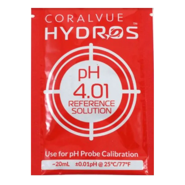 A red packet labeled "HYDROS Calibration Solutions 4.01" by TAS for pH probe calibration; contains 20 mL solution, accurate to ±0.01 pH at 25°C/77°F.