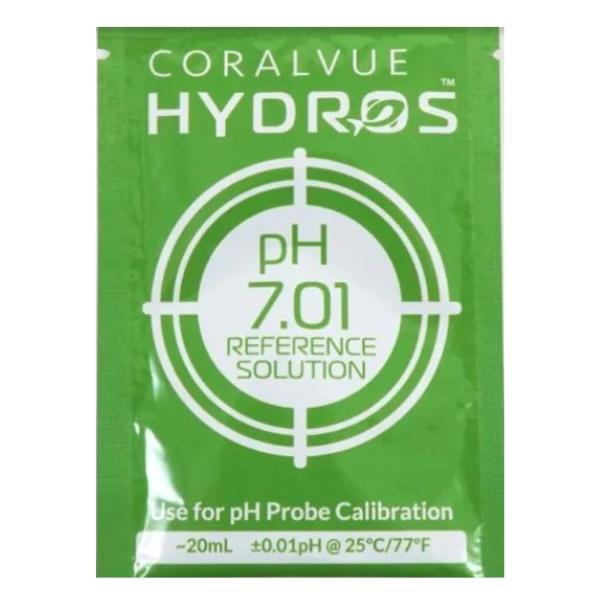 A green TAS HYDROS Calibration Solution 7.01 packet, used to calibrate pH probes, contains 20ml of solution with ±0.01 pH accuracy at 25°C/77°F.