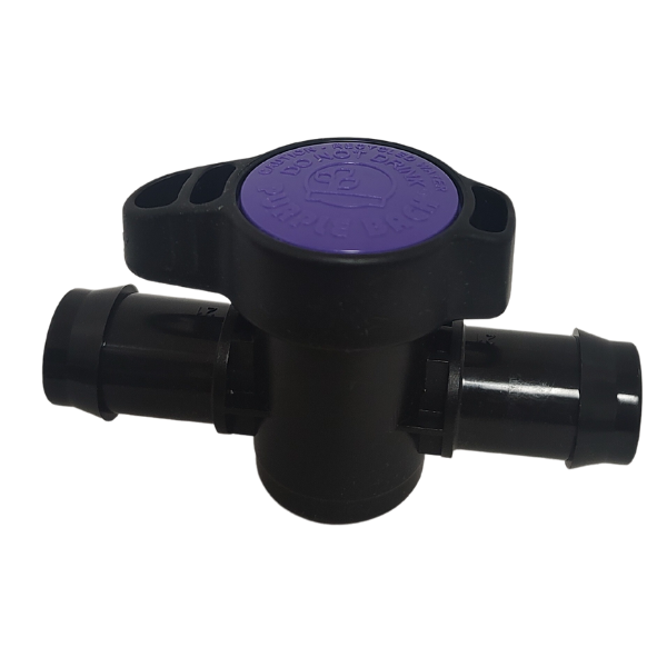 A TAS black plastic Ball Valves-Barb x Barb with a purple lid for use with vinyl tubing.