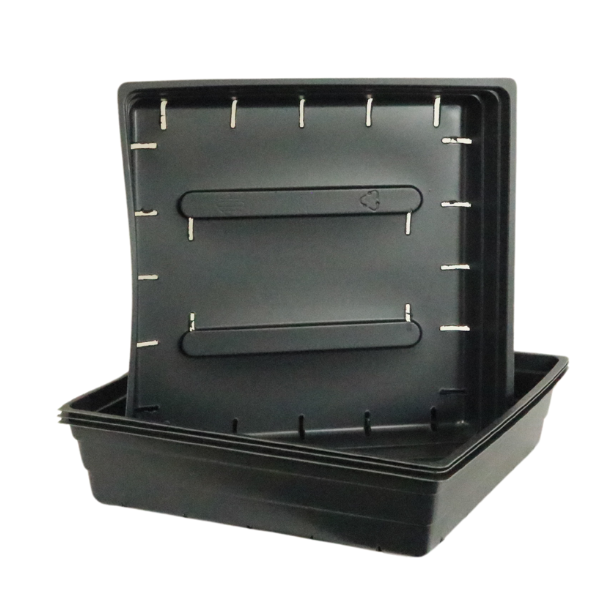 The Slotted Garden Trays 10″ x 10″ by TAS are black plastic trays designed with grooved sides and rectangular cutouts, making them ideal for seed germination or cultivating microgreens.