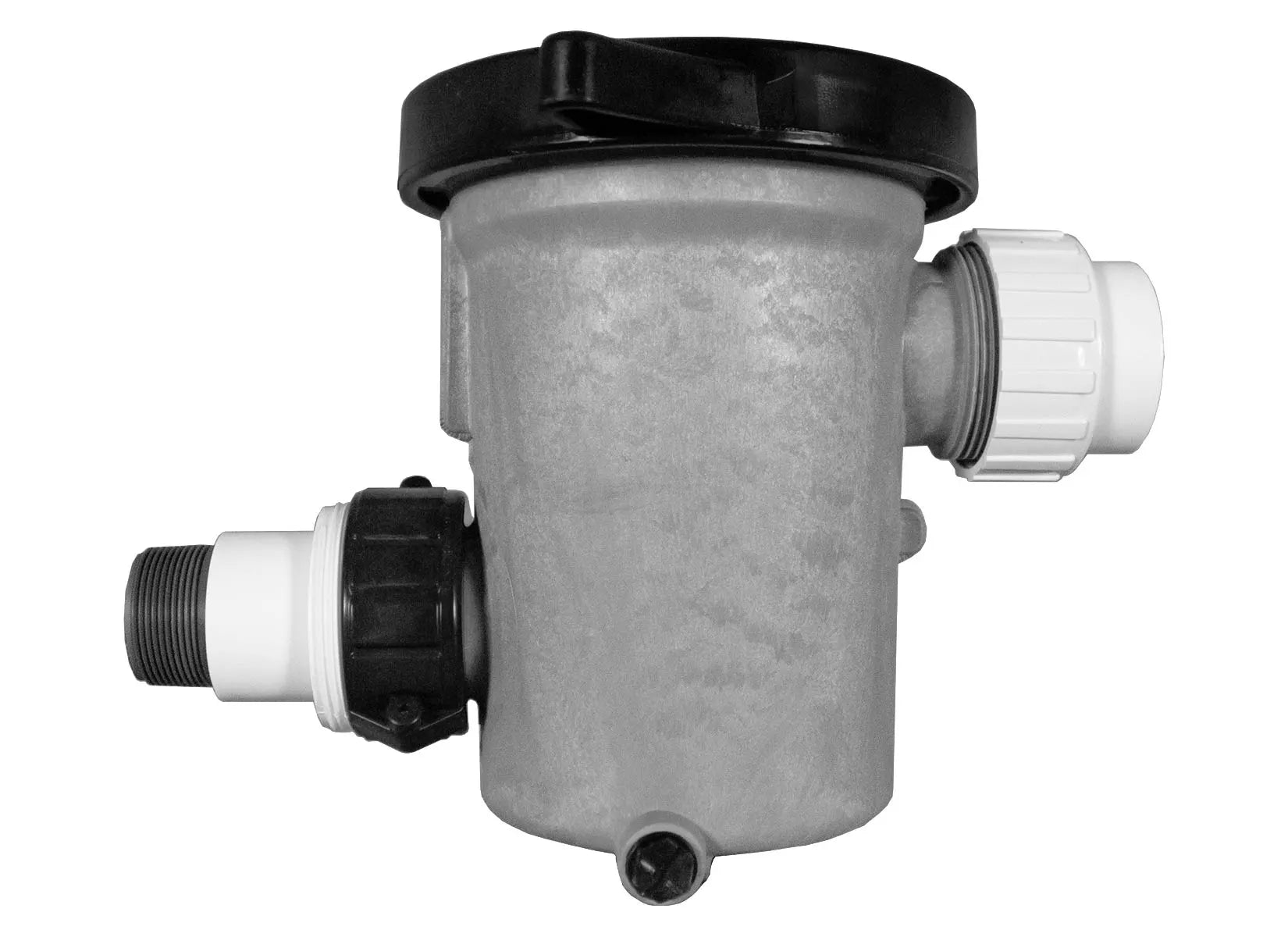 A grey plastic TAS water filter with a black hose designed to strain and purify water using a pump, the Sequence® Basket Strainer (WW).