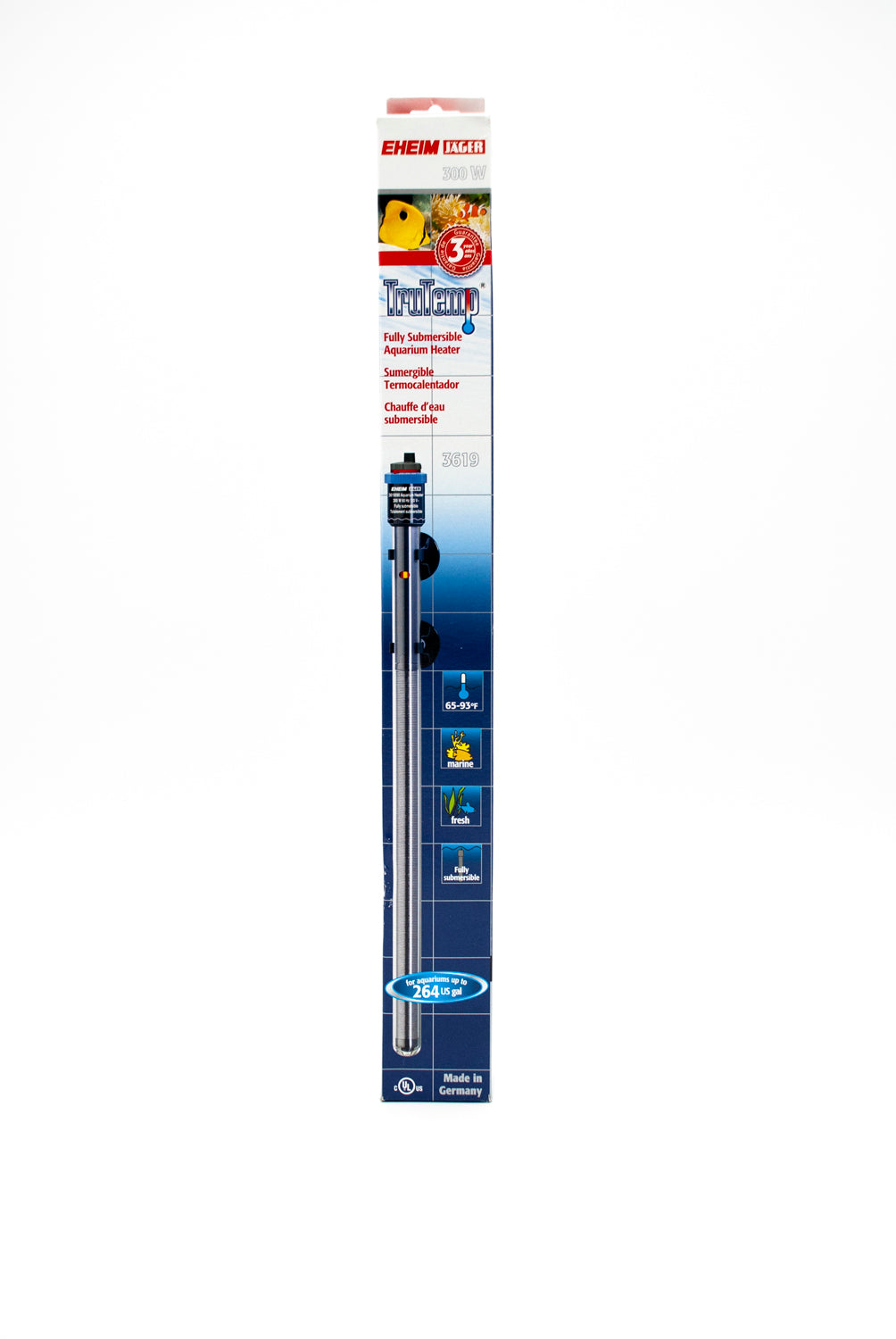 A boxed Go Green Aquaponics Eheim Submersible Aquarium Heater - 300w stands vertically against a white background, with packaging displaying product images and details that emphasize its precise temperature control.