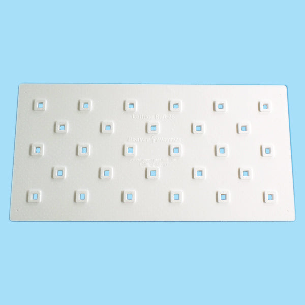 An Aquaponics For Life Deep Water Culture Raft Board with white tile and blue squares on it.