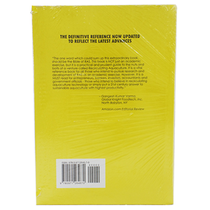 The back cover of GGAAZN’s "Recirculating Aquaculture, 4th Edition" (yellow, shrink-wrapped) displays a summary, praise quote, and barcode—ideal for those interested in water quality management or starting an aquaculture business.