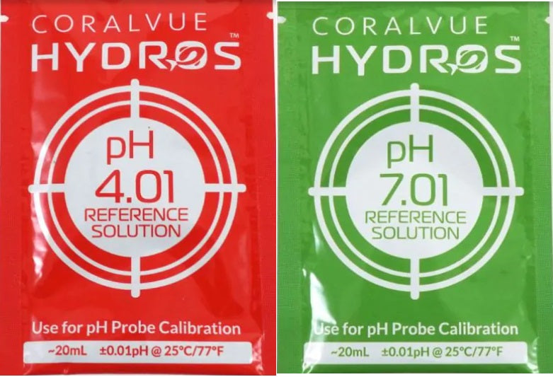 TAS HYDROS Calibration Solutions: one red-labeled pH 4.01 and one green-labeled pH 7.01, each 20 mL—ideal for accurate pH monitoring and probe calibration in aquaponic systems.
