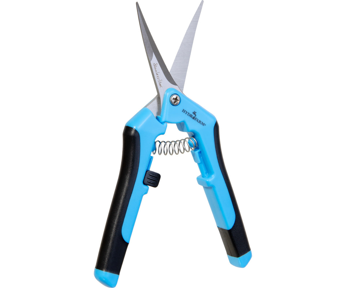 A pair of blue-handled TAS Precision Curved Blade Pruners with a high-quality spring mechanism.