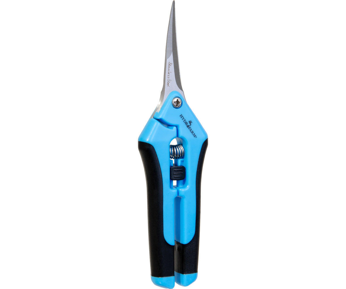 Pair of blue-handled, stainless steel TAS scissors with a tension adjustment screw.