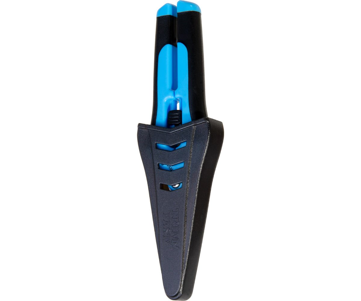 A pair of blue and black TAS Precision Curved Blade Pruners with rubber grips inserted in a black carrying sheath made of surgical stainless steel.