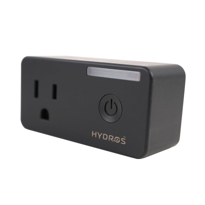 A black power outlet with the word HYDROS on it. This TAS HYDROS WiFi Smart Plug is WiFi controllable and can be easily managed using the HYDROS controller.