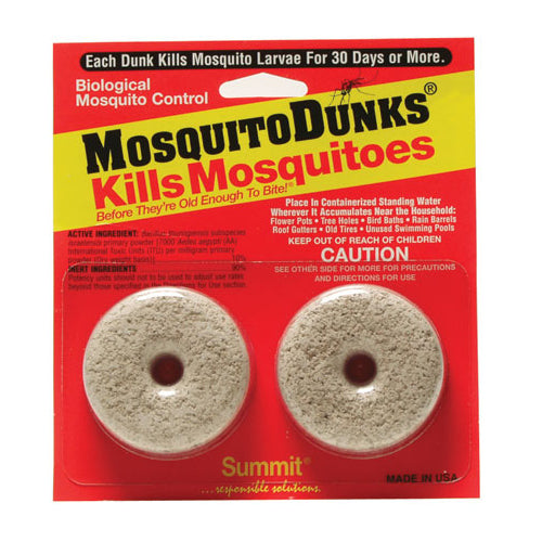 Close-up of TAS Mosquito Dunks (2/Card) packaging, featuring two donut-shaped dunk discs designed for biological mosquito control in standing water. The packaging emphasizes 30-day usage and safety precautions, and ensures the product is safe for aquaponic systems.