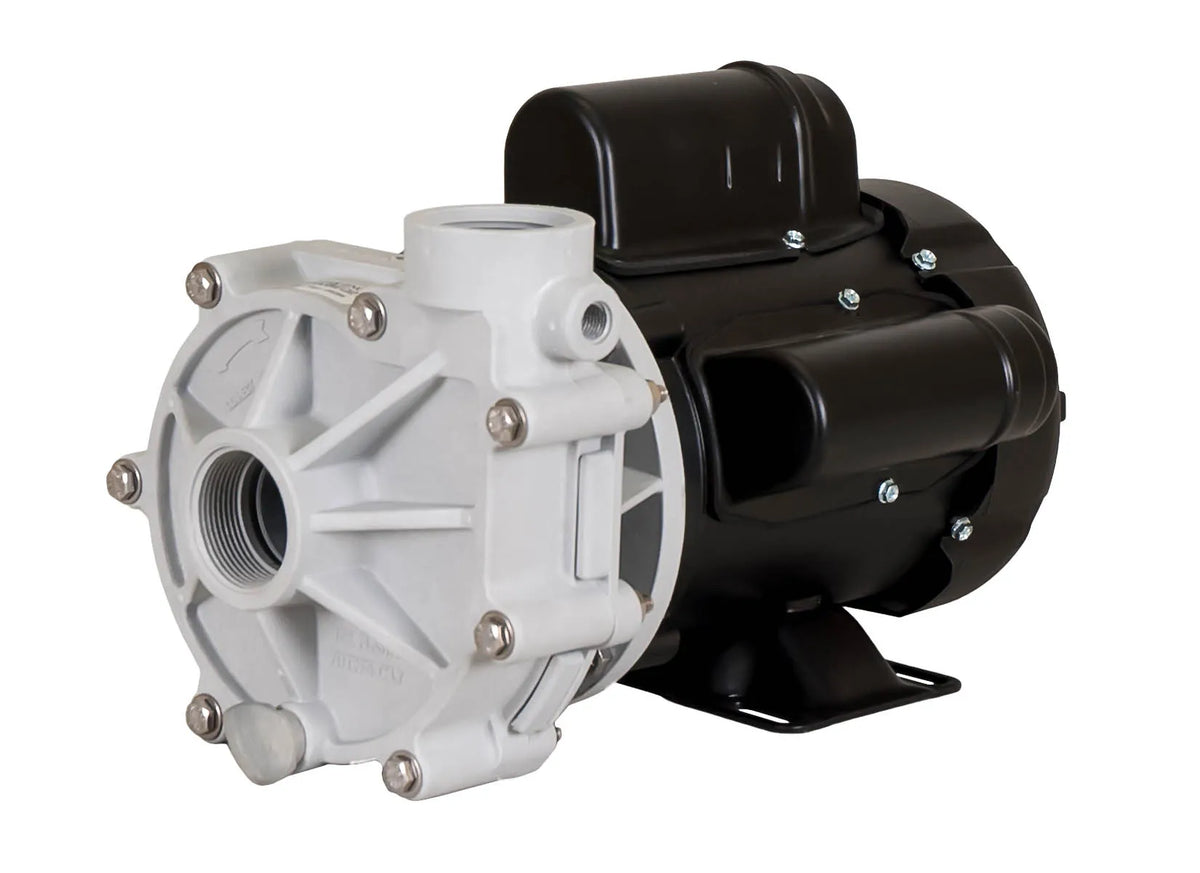 A Sequence® 1000 Pump by TAS, a white and black pump on a white background, essential for aquaculture systems.