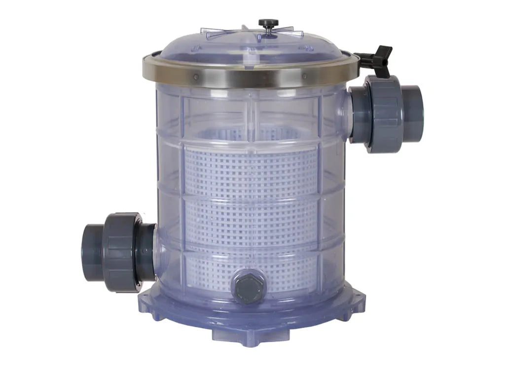 A blue plastic TAS Sequence® Basket Strainer (PF) with a lid on it. The container can be used as a strainer.